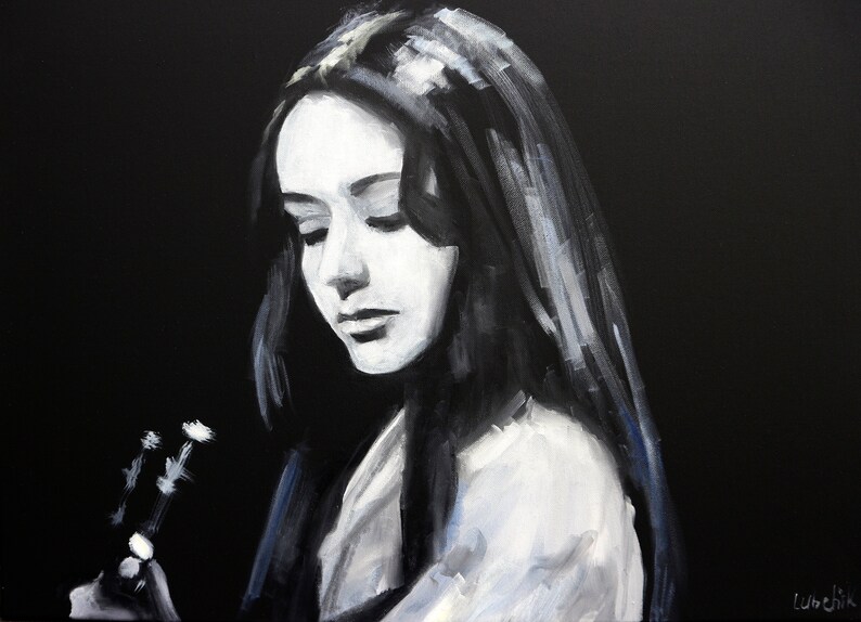 Woman portrait painting on Canvas Original Guitar painting Singer wall art Black and white image 2