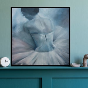May include: A painting of a ballerina in a white tutu, with a soft blue and pink background. The ballerina is facing away from the viewer, with her head tilted down.
