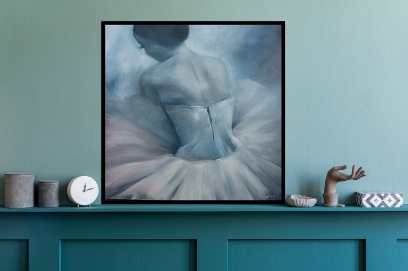 May include: A painting of a ballerina in a white tutu, with a soft blue and pink background. The ballerina is facing away from the viewer, with her head tilted down.