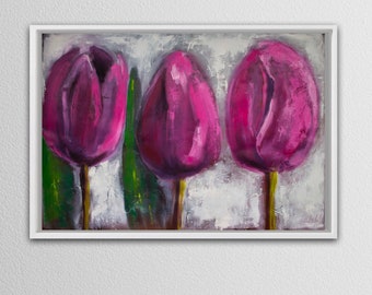 ピンクのチューリップの抽象画プリント、モダンな花柄絵画、大胆な筆致