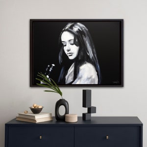 Woman portrait painting on Canvas Original Guitar painting Singer wall art Black and white image 1