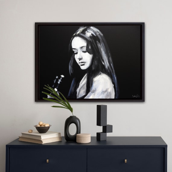 Woman portrait painting on Canvas Original Guitar painting Singer wall art Black and white