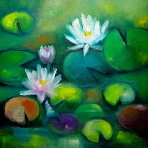 WaterLily wall art, lotus flower painting on canvas, Waterlily Pond