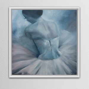 May include: A painting of a ballerina in a blue and white tutu, with her back to the viewer. The painting is done in a soft, impressionistic style.