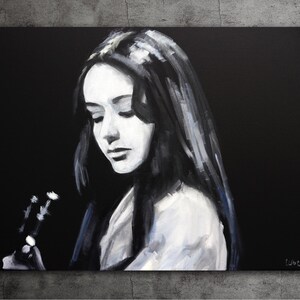 Woman portrait painting on Canvas Original Guitar painting Singer wall art Black and white image 3