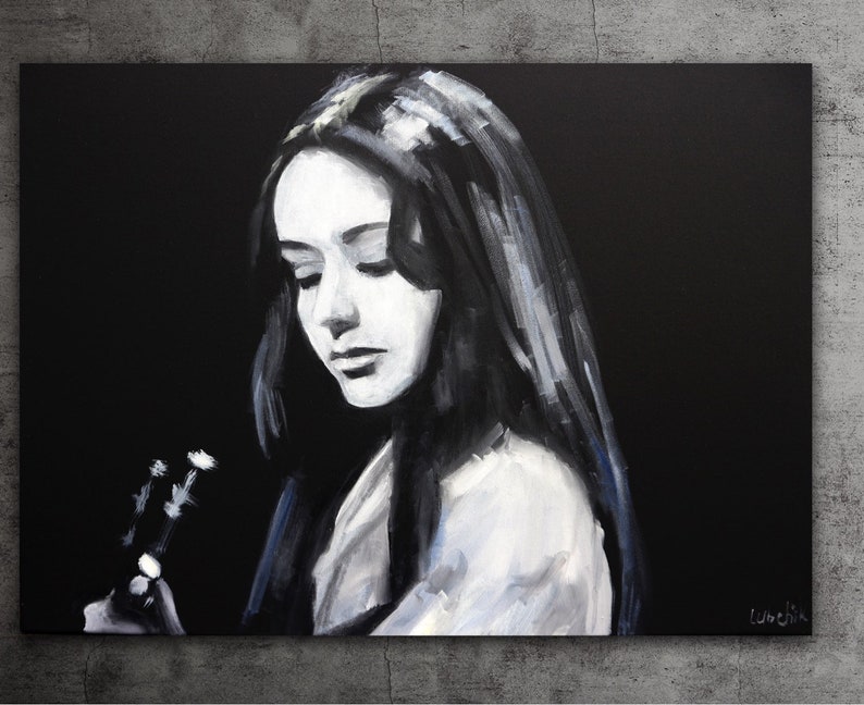 Woman portrait painting on Canvas Original Guitar painting Singer wall art Black and white image 3