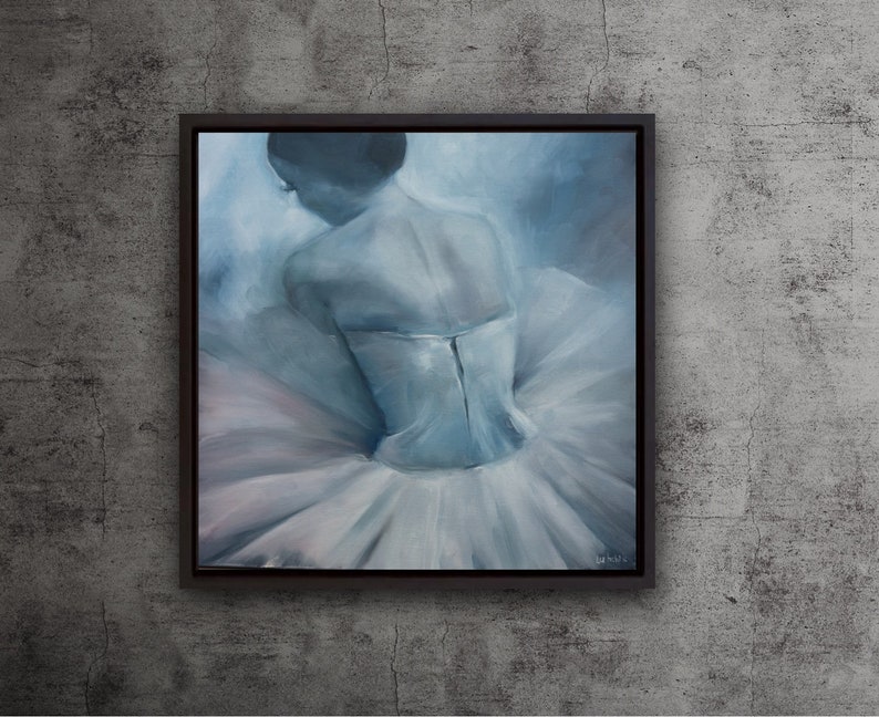 May include: A painting of a ballerina in a white tutu, with a blue background. The ballerina is facing away from the viewer, and her back is turned. The painting is in a black frame.