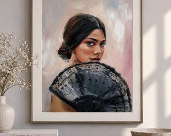 Lámina artística Mujer con abanico: Retrato romántico femenino para pared