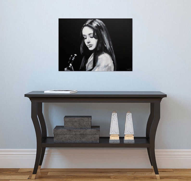 Woman portrait painting on Canvas Original Guitar painting Singer wall art Black and white image 8