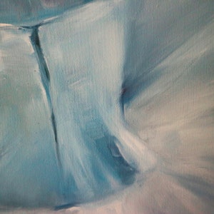 May include: Abstract painting with a blue and white color scheme. The paint is applied in thick strokes, creating a textured surface. The painting is abstract and non-representational.