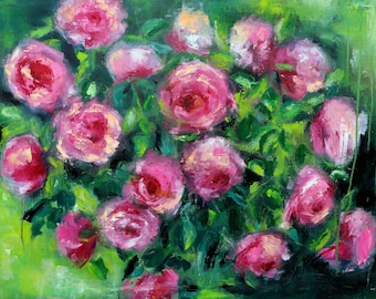 Pintura al óleo de rosas rosadas grandes sobre lienzo, arte floral para pared