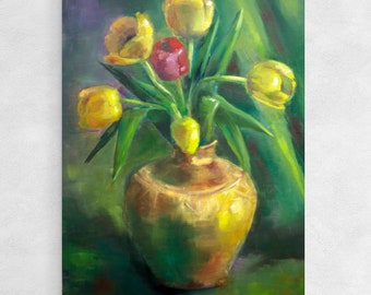 Pintura al óleo de tulipanes, bodegón floral, 17 x 25