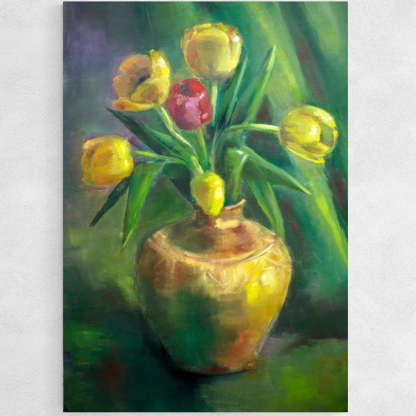 Peinture à l’huile florale Tulipes peinture originale, nature morte peinture sur toile, Jaune Peinture florale, Original Flower Art