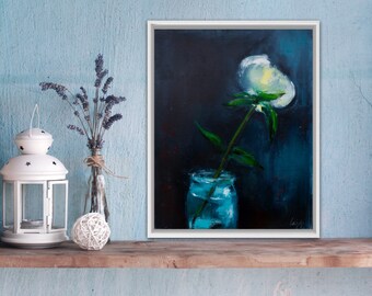 White Peony Oil Painting, Floral Still Life Canvas Art (20x16 in)