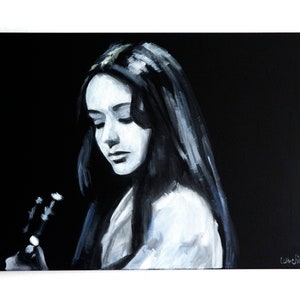 Woman portrait painting on Canvas Original Guitar painting Singer wall art Black and white image 5