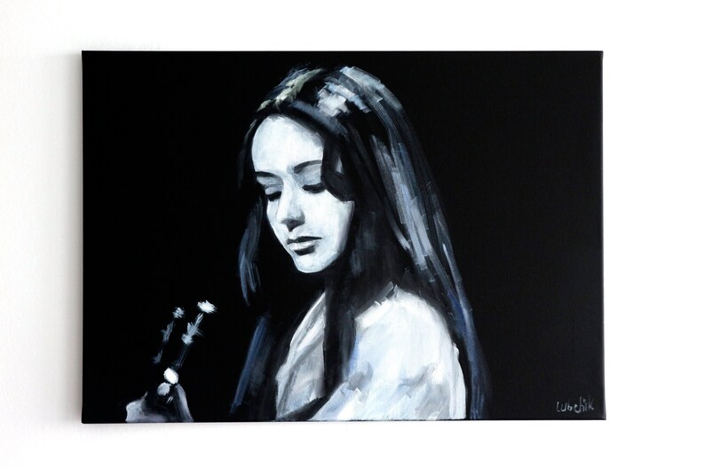 Woman portrait painting on Canvas Original Guitar painting Singer wall art Black and white image 5