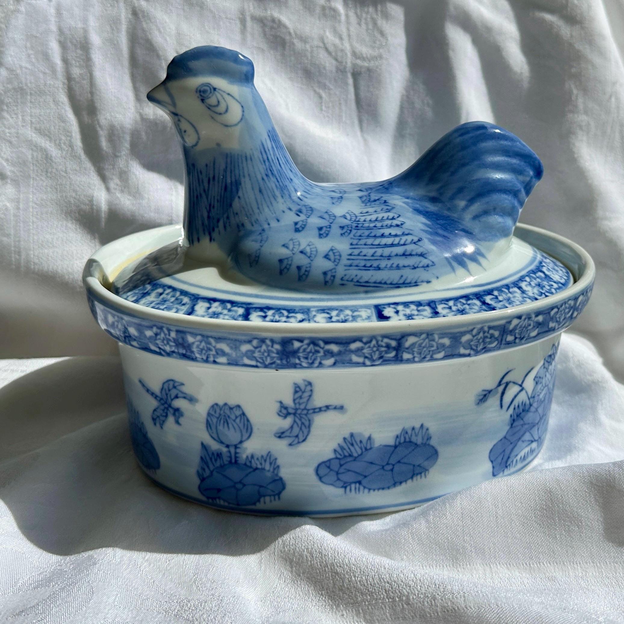 Vintage Blue & White Porcelain Chicken Jar: Chinese Hen on Nest
