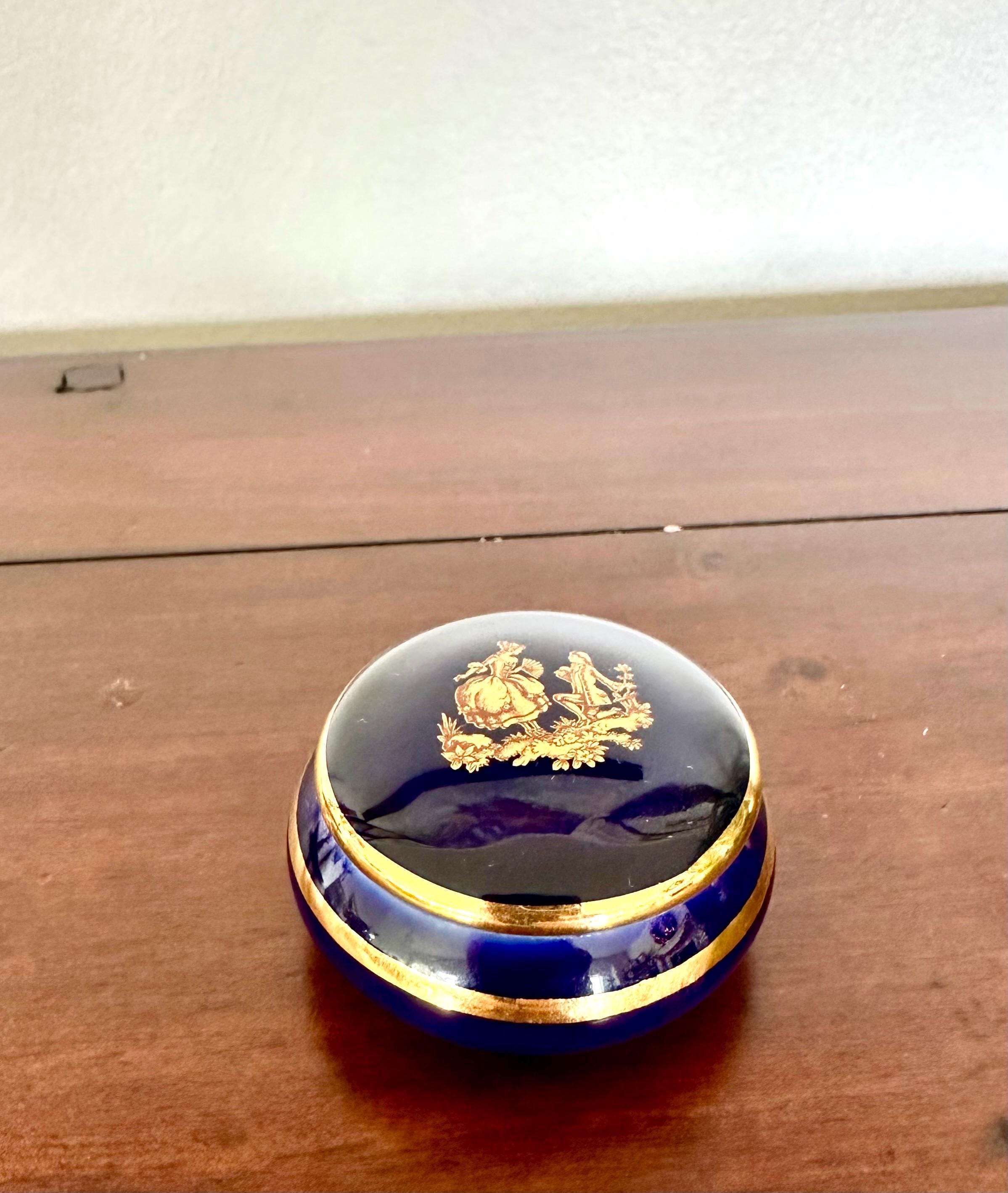 ヴィンテージ リモージュ 小物入れ コバルトブルー ゴールド 磁器