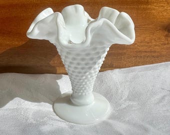 Vintage Fenton Hobnail Milk Glass Vase: 4" Ruffled Cottagecore Bud Vase