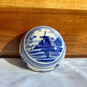 Vintage Delft Blue Trinket Box: Hand-Painted Windmill Scene, Made in Holland