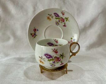Set of 3 Antique Limoges Teacup & Saucer Sets, L. Bernardaud, Floral Gold