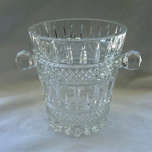 Vintage Crystal Glass Ice Bucket with Knob Handles | Faceted Barware | Mid Century Cocktail Entertaining