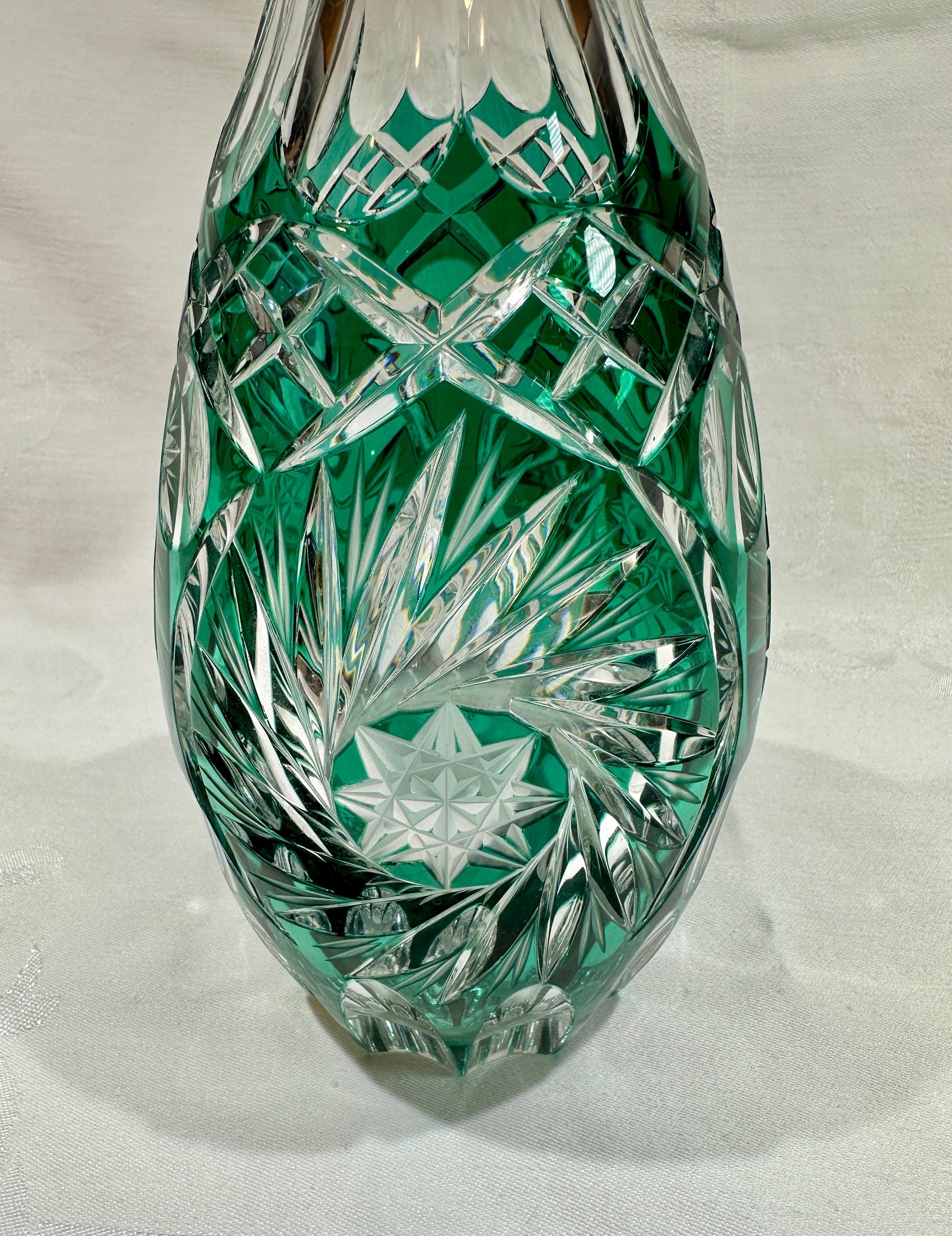Emerald Green Bohemian Cut-to-clear Crystal Vase | 29 Cm Hand-cut