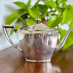 Op de afbeelding: Een zilverkleurige theepot met een vierkant lichaam, een gebogen tuit en een handvat. De theepot heeft een decoratief embleem op de voorkant en een deksel met een kleine knop. De achtergrond toont groen gebladerte en een houten oppervlak.