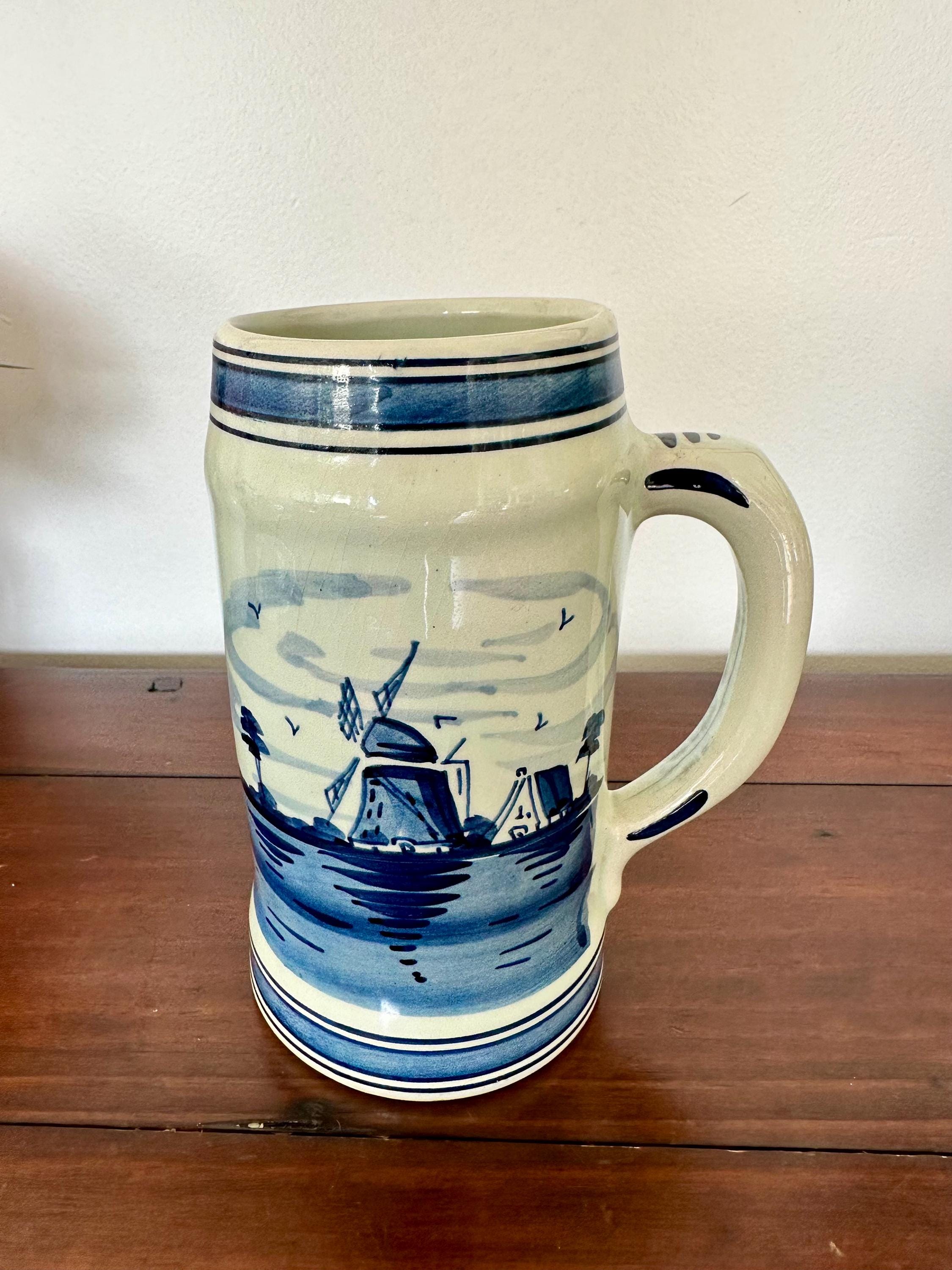 Vintage Delft Blue Beer Stein Mugs Dutch Windmill Decor Set of 2