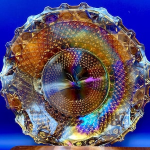 Indiana Glass Carnival Glass 10” Ruffled Hostess Plate – Iridescent Amber Harvest Pattern – Vintage Candy Dish