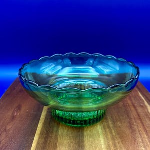 Vintage E.O. Brody Green Glass Pedestal Bowl | Mid-Century M2000 Candy Dish | Scalloped Rim Ribbed Base | 1950s Pressed Glass USA