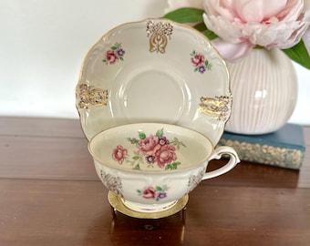 Taza y platillo Winterling Bavaria vintage con rosas doradas