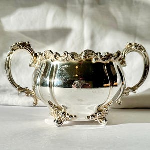 Op de afbeelding: Een zilverkleurige suikerpot met sierlijke handvatten en decoratieve details. De kom heeft een geschulpte rand en staat op kleine, decoratieve voetjes. Het reflecterende oppervlak vangt het licht op en benadrukt de rondingen en het ontwerp.