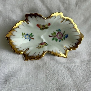 Vintage Herend Leaf Dish: Hand-Painted Butterfly Floral Porcelain with 24k Gold