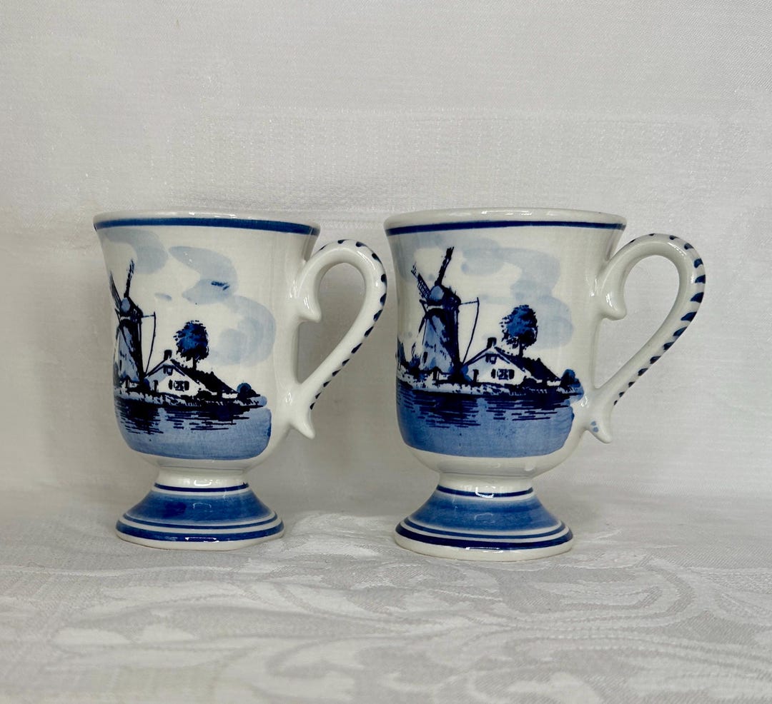 Set of 2 Vintage Delft Blue Windmill Pedestal Mugs – Hand Painted in ...