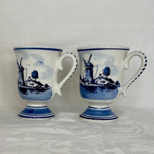 Set of 2 Vintage Delft Blue Windmill Pedestal Mugs – Hand Painted in Holland