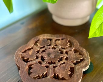 Vintage Hand Carved Wood Trivet Floral Footed Hot Plate