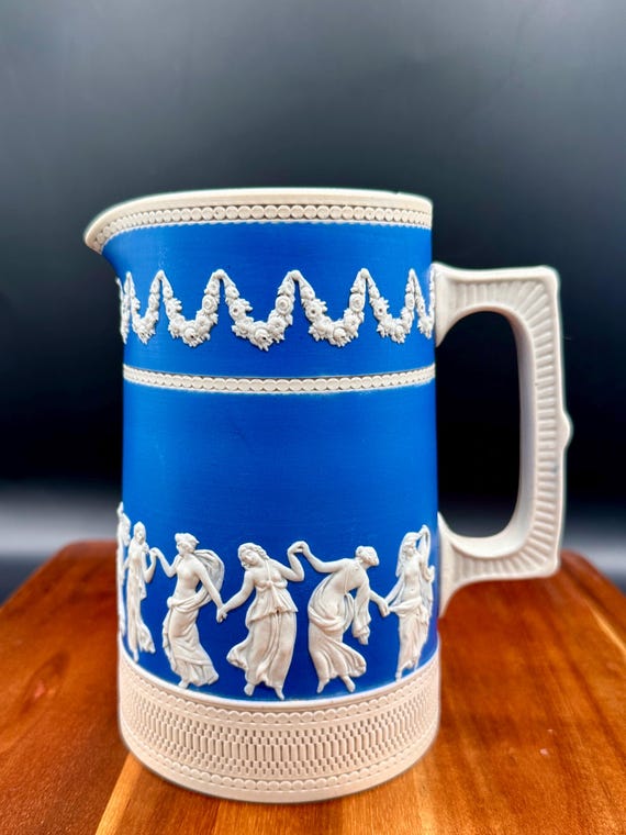 Antique 1924 Copeland Spode Jasperware Pitcher, Blue & White