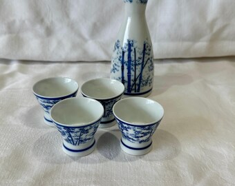 Vintage Arita Porcelain Sake Set: Blue Bamboo Tokkuri & Ochoko