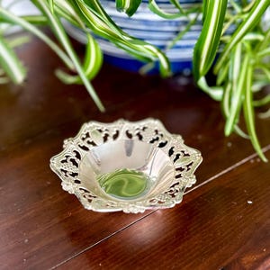 May include: A small, silver-coloured decorative dish with an ornate, openwork design around the rim. The dish has a shallow, rounded bowl and sits on a dark wooden surface. Green plant leaves are visible in the background.