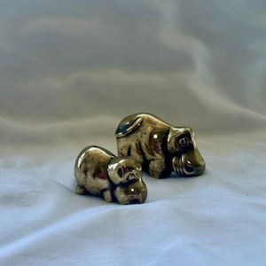 Vintage Brass Hippopotamus Figurines: Mid Century Animal Decor