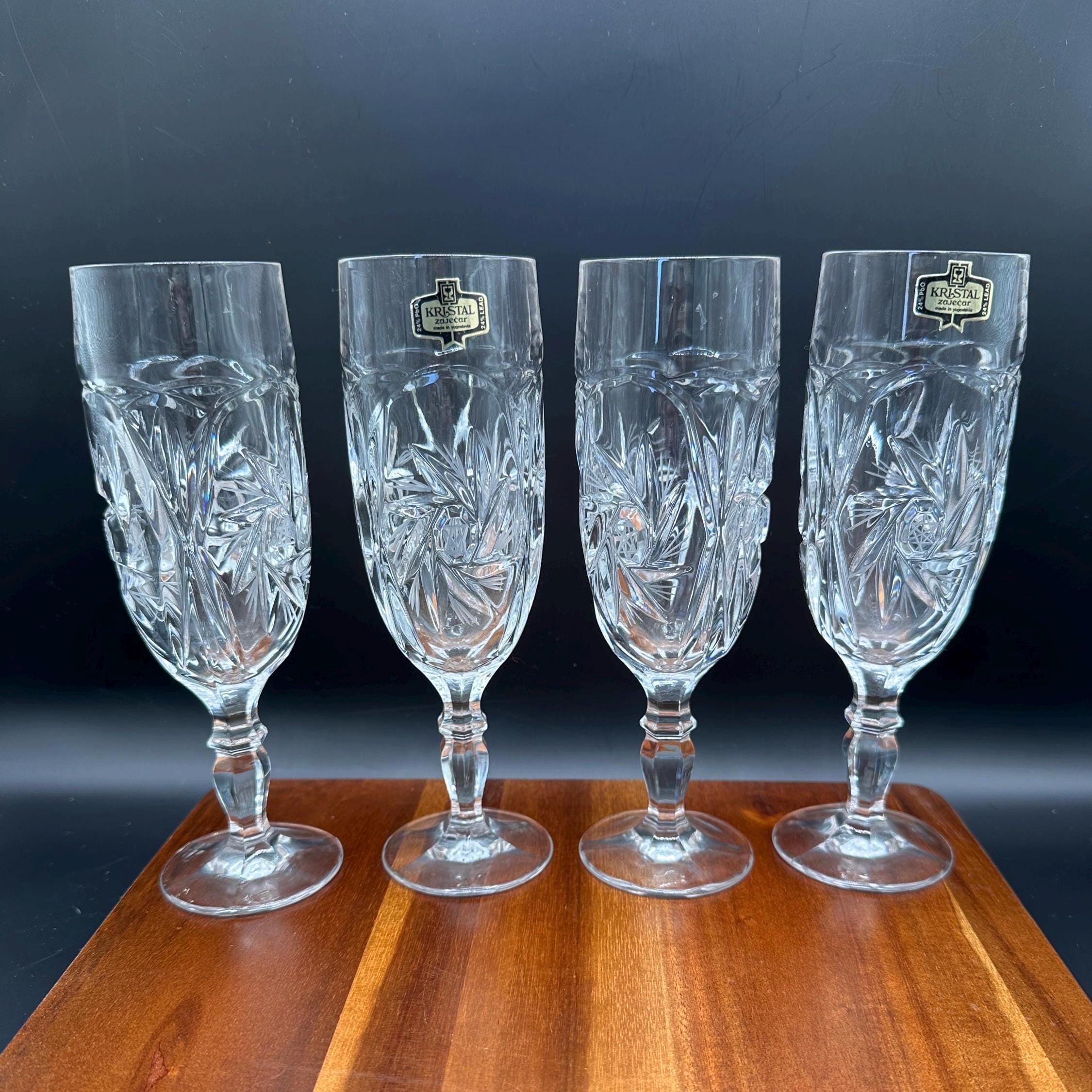 Vintage Kristal Zajecar Lead Crystal Champagne Flutes • Set of 4