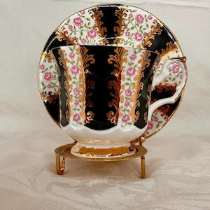 Vintage Elizabethan Bone China Teacup and Saucer: Black, Gold & Pink Rose - Made in England