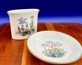 Ensemble floral vintage Royal Worcester : porte-cure-dents et porte- épingles en porcelaine tendre