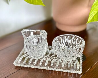 Juego de azucarero y crema de cristal vintage con bandeja, cristal tallado transparente, 3 piezas.