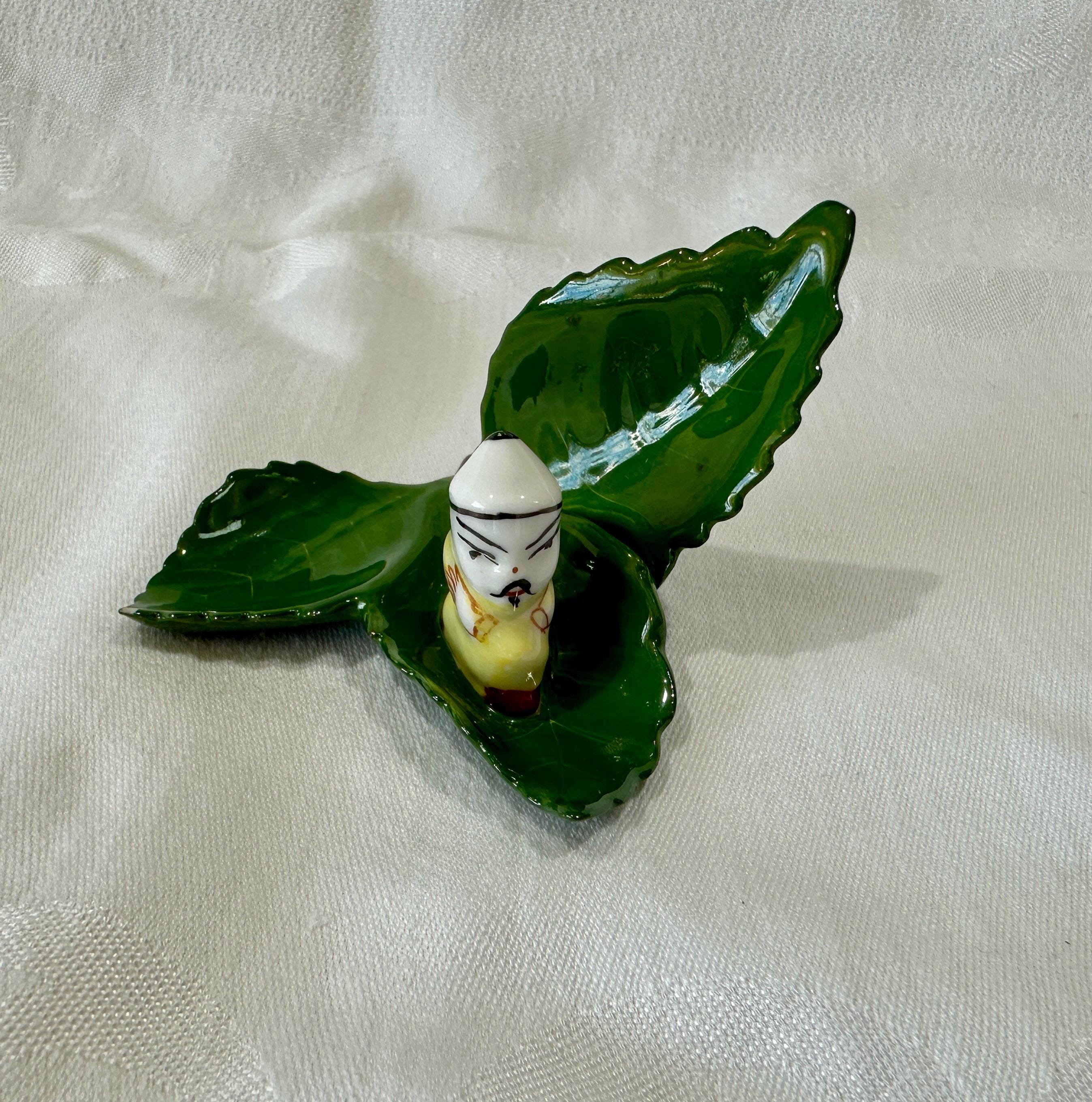 Herend Hungary Figural Leaf Dish With Scholar, Hand Painted