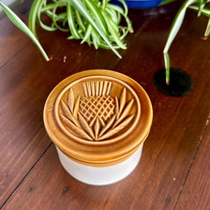 May include: A small, cylindrical ceramic jar with a white base and a glossy, honey-brown lid. The lid features a raised, embossed design of a thistle flower surrounded by pointed leaves, centred within a circular border on the top surface.