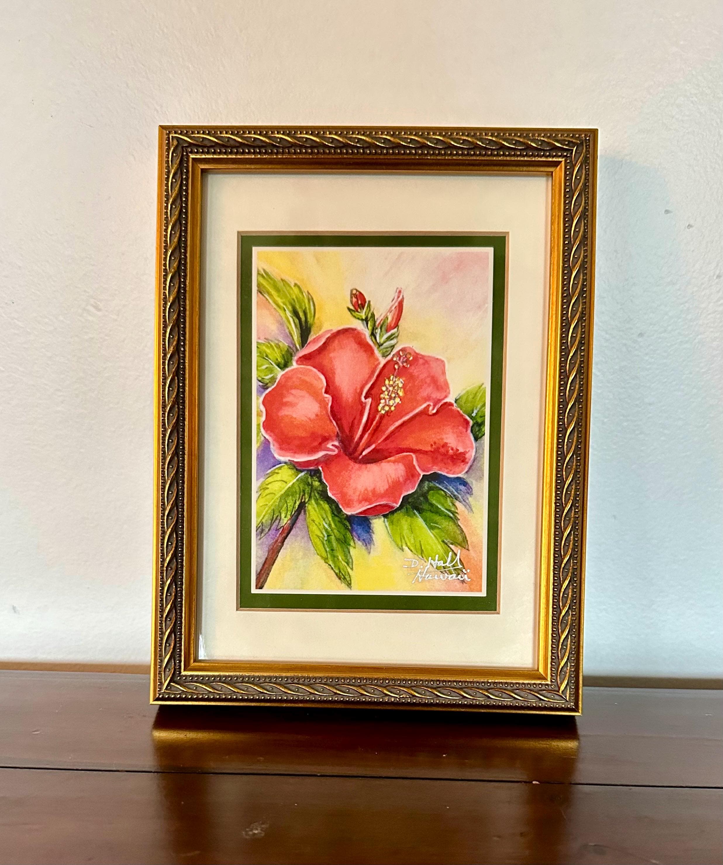 Signed Donald K Hall Red Hibiscus Hawaii Print Framed 20x15cm