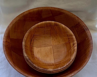 Set di ciotole per insalata in legno intrecciato di metà secolo: utensili da cucina naturali da 5 pezzi