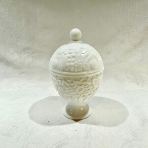 Vintage Avon Milk Glass Covered Compote / Candy Dish – 1970s Fruit Relief Pattern